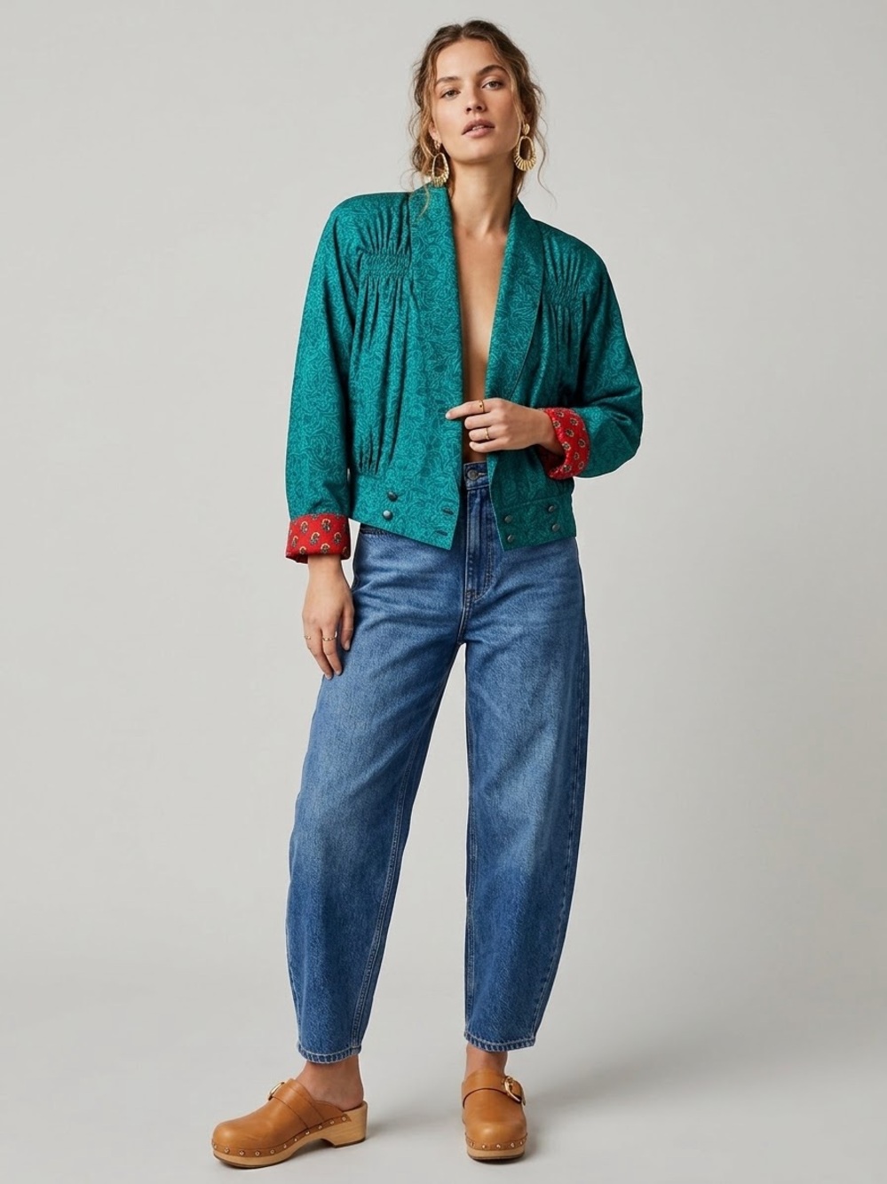 Vintage 80s Platinum by Dorothy Schoelen 100% Silk Teal Jacquard Crop Jacket S - Picture 14 of 14